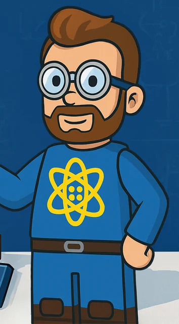 The brickAtom scientist showing off a display case of minifigures, with printed tiles on the bench.